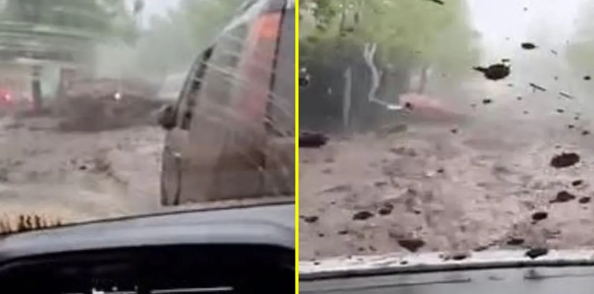 Conductor muestra cómo la corriente de agua y barro lo arrastra en su auto durante aluvión en Las Condes