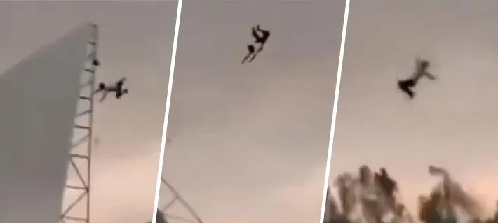 Video | Fuertes vientos hacen volar por los aires a un hombre en India: Cayó desde unos 15 metros y sufrió varias lesiones