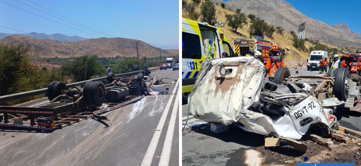 Camión volcado mantiene cortada Ruta Los Libertadores hacia Los Andes: accidente ocurrió en km 55