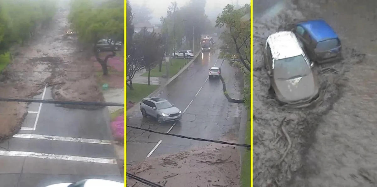 Cámaras de seguridad muestran momento en que aparece aluvión en Las Condes y comienza a arrastrar vehículos